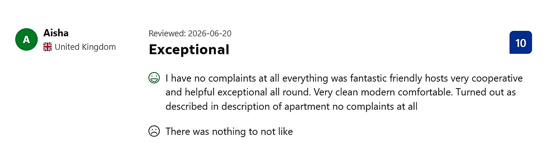 Booking.com review - Aisha, Exceptional