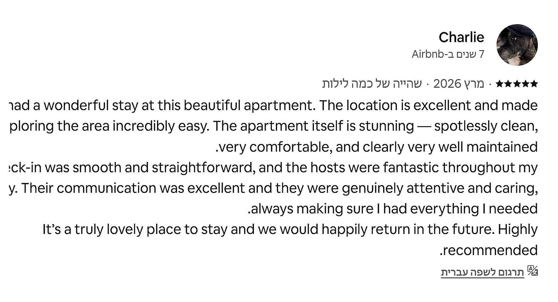 Airbnb review - Charlie
