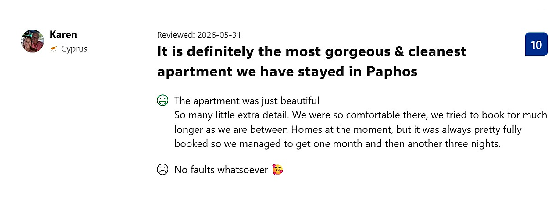 Booking.com review - Karen, score 10