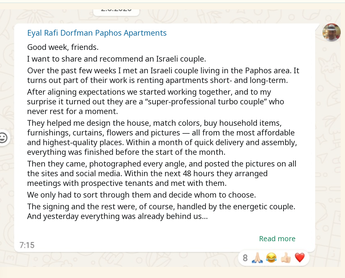 Translated WhatsApp recommendation from Eyal Rafi Dorfman