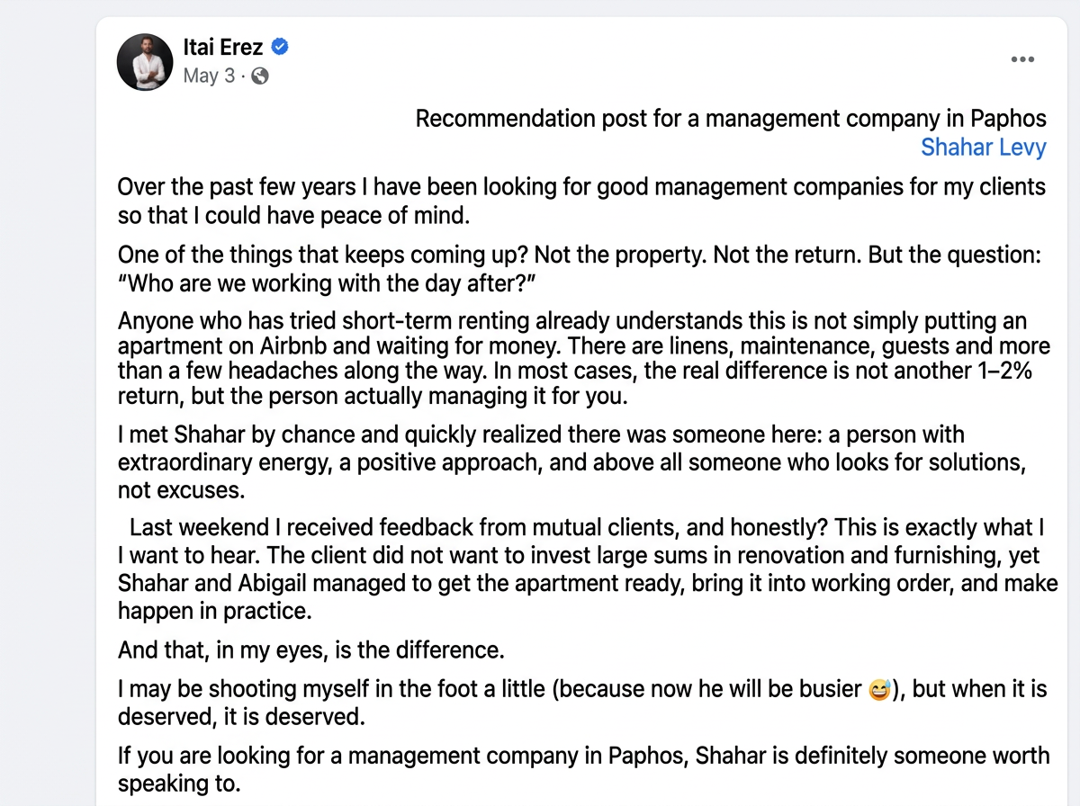 Itai Erez's translated recommendation about Shahar and property management in Paphos
